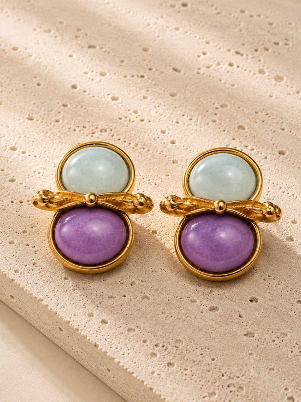 Vintage Cabochon Clip-On Earrings Mint Green & Mauve Gold Tone 80s 90s